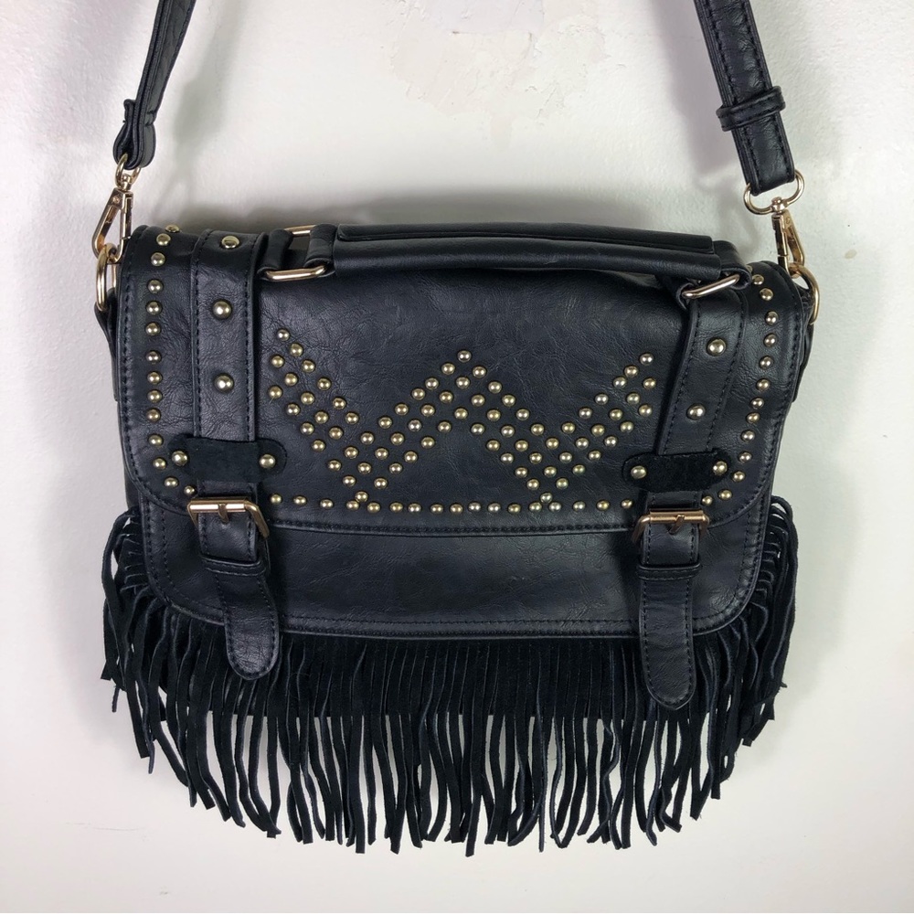 OKPTA women’s faux leather messenger shoulder bag fringe rivets buckles black